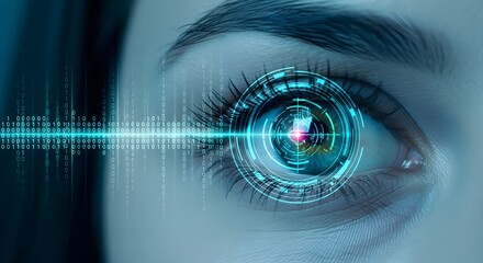 Close-up of a human eye with a futuristic, glowing blue digital interface overlay, suggesting technology and vision.