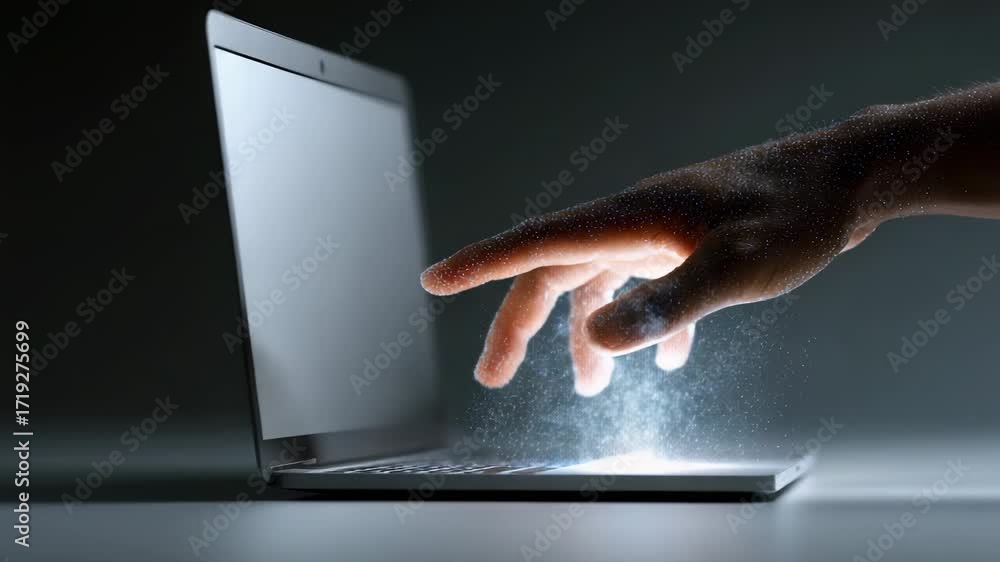 Aufkleber digital particles swirling around human fingertips touching laptop keyboard, representing technology