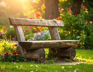 Naklejka premium Rustic Wooden Bench or Natural Log Furniture. Rustic bench in outdoor garden. Rustic Wooden Bench Weathered Wood Garden Seat Outdoor Log Furniture.