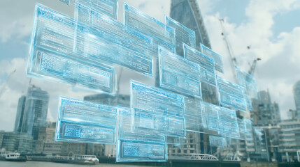 Digital data overlays floating in front of a modern city skyline with skyscrapers and construction cranes