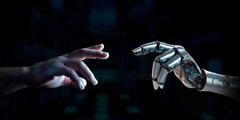 Cyborg finger about to touch human finger. Man hand going closer to robotic hand on black background. Generative ai robot hand