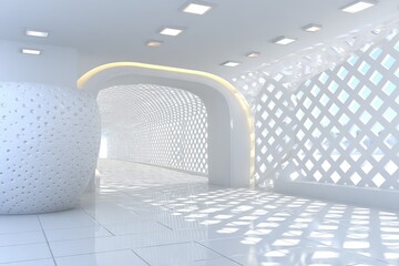 White hallway with arched tunnel, perforated walls, and a large sphere