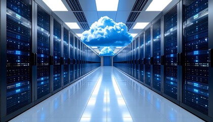 A server room corridor with cloud imagery overlayed, symbolizing cloud computing and data storage