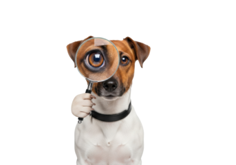 A curious brown and white Jack Russell Terrier dog in a dark collar holds a magnifying glass to its enlarged eye, looking at camera on a transparent studio background, concept of detailed observation