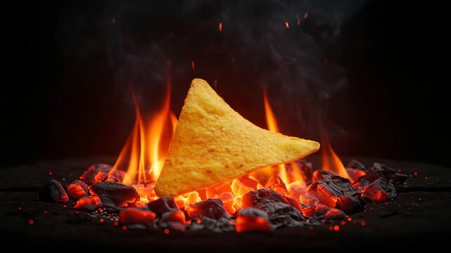 Crispy triangle-shaped tortilla chip over hot burning coals with fire sparks &ndash; bold snack food video for spicy chips branding, snack product ads, and promotional visuals with dark aesthetic