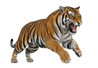 A ferocious tiger in a dynamic pose against a black background, showcasing its powerful stripes and open mouth.