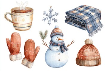 Winter watercolor set with snowman mittens hat and tea