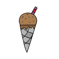 A charming, hand-drawn doodle of a single scoop chocolate ice cream in a waffle cone, capturing the simple joy of a refreshing summer treat