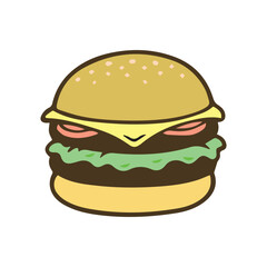 Delicious Cartoon Burger with Cheese and Fresh Vegetables, Perfect for Food-Related Designs