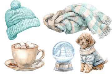Winter watercolor set with hat blanket cocoa and dog