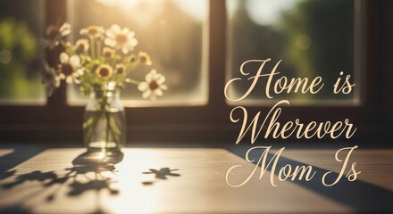 A vase of daisies sits on a wooden table bathed in warm sunlight streaming through a window, casting beautiful shadows, with the heartwarming text home is wherever mom is elegantly displayed