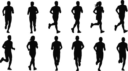 Running silhouette sequence, human motion study, male and female runners, biomechanics breakdown, athletic stride, animation reference, sprint, exercise, posture, training