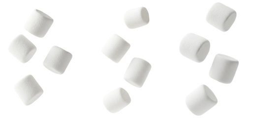 Marshmallows candy falling down set PNG. Marshmallow suspended in air isolated. Tasty sweet marshmallows tumbling down png