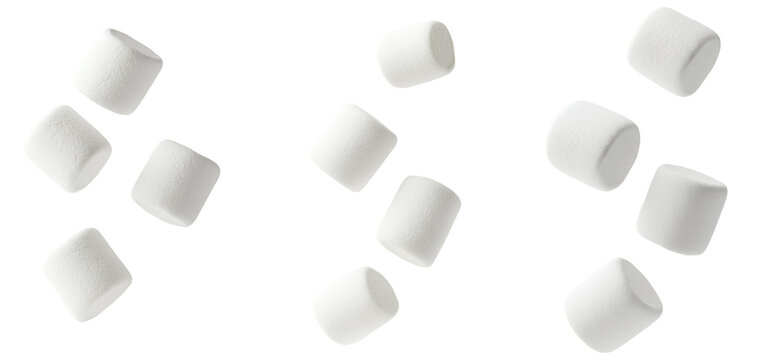Marshmallows candy falling down set PNG. Marshmallow suspended in air isolated. Tasty sweet marshmallows tumbling down png