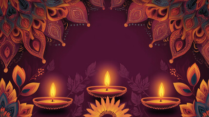 Diwali festival greeting card design with diya lamps and floral decoration
