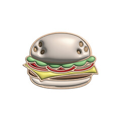 A stylized 3D cheeseburger icon with a glossy, beveled design, an isolated graphic symbol representing fast food and culinary concepts