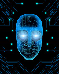 High-tech illustration of a blue glowing artificial intelligence face with bright eyes, digital circuits, and futuristic cyber design on black background.