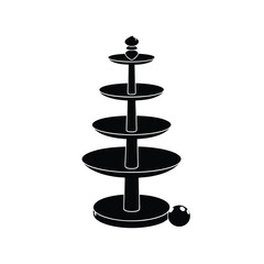 A black and white illustration of a five tiered stand with a ball at the bottom right side