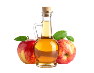 A group of fresh apples with a bottle of apple cider, a healthy food and drink concept.