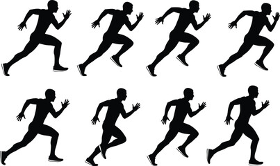Running silhouette sequence, sprint motion phases, athletic movement, human biomechanics, sports training, dynamic runner pose, fitness concept, black profile illustration