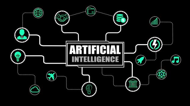 Artificial Intelligence Mind Map with Business and Technology Icons on Black Background flowchart diagram
