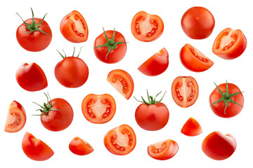 Tomatoes pattern, background. Mix of ripe tomatoes, round perfect whole, half, quarter of rich red color with green stems, isolated. Great for farm-fresh organic produce, culinary advertising, design.