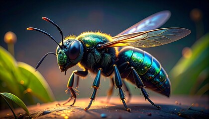 Iridescent bee on ground, sunlight