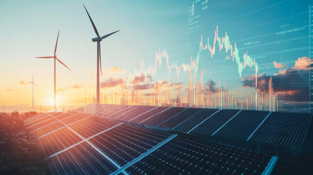 Renewable energy landscape showcasing solar panels and wind turbines at sunset with financial graphs in the background