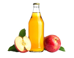 A bottle of fresh apple cider with a few apples next to it.