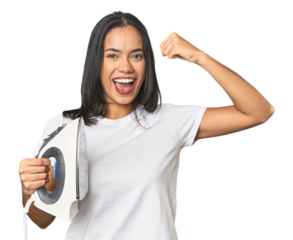 Latina with iron, studio setup showing strength gesture with arms, symbol of feminine power