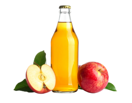 A bottle of fresh apple cider with a few apples next to it.