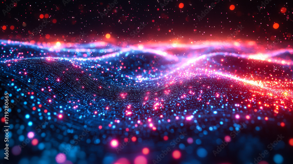 Poster light particles create a vibrant wave pattern in a dark background with glowing hues