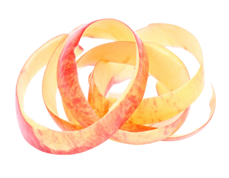 A spiral apple peel on a white background, a food preparation element.