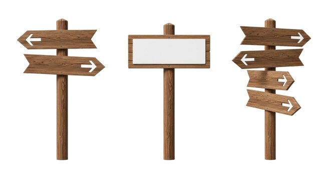 Three isolated rustic wooden signposts: opposing arrows, blank board, four staggered arrows, on a pristine transparent studio background with negative space. Concept of multiple choices and guidance