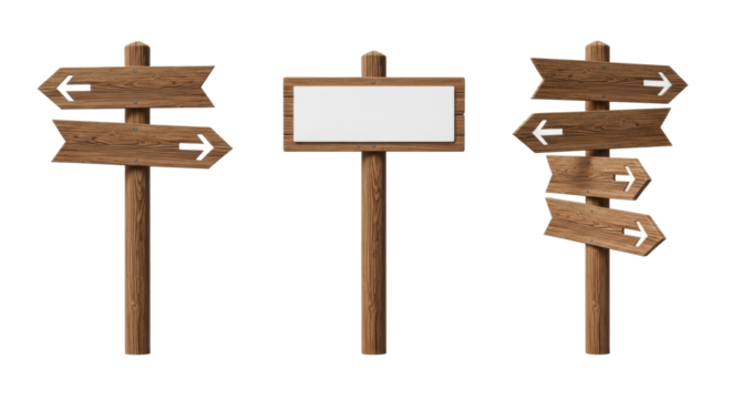 Three isolated rustic wooden signposts: opposing arrows, blank board, four staggered arrows, on a pristine transparent studio background with negative space. Concept of multiple choices and guidance