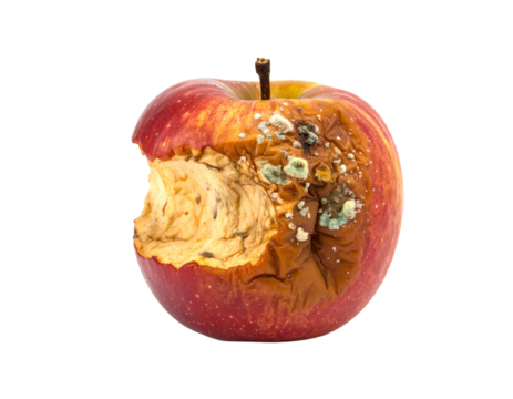 A rotten or spoiled red apple, a concept of decay and waste.