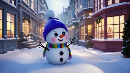 Snowman with purple hat and colorful scarf in a snowy street with buildings and christmas wreaths christmas snow man video - Powered by Adobe