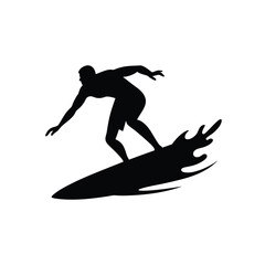 A silhouette of a surfer riding a surfboard on a wave against a white plain background view