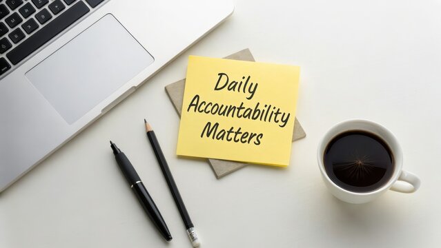 Daily Accountability Matters in Office with Laptop and Coffee Mug - Powered by Adobe