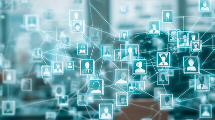 Obraz premium Digital network of interconnected user profiles floating over a blurred office background