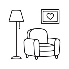 Living Room Interior Line Icon. Cozy Home Scene with Armchair, Floor Lamp, and Heart Picture Frame. Minimalist Furniture Vector Illustration.