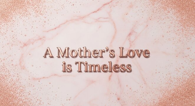 A mothers love is timeless text on a rose gold glitter and marble background, celebrating maternal bonds and everlasting affection
