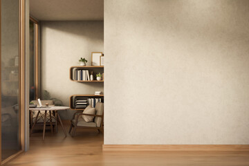Empty wall alongs wooden parquet floor corridor with table and chair aside bookshelf in corner room.
