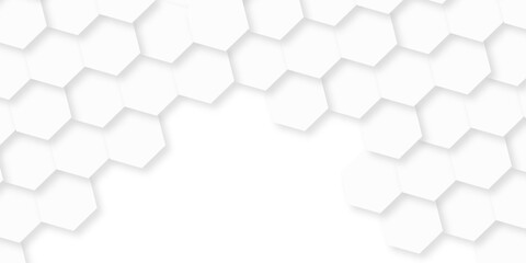 Minimal white hexagonal hexagon modern technology creative emboss light honeycomb polygonal web. abstract geometric science and mosaic tile with template texture background.	