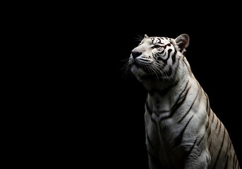 White tiger portrait against black background
