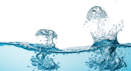 Vibrant, crystal-clear aquatic blue water, dynamic wave line, foamy crest, effervescent air bubbles, transparent splashes on a transparent background, concept of purity and freshness