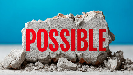 Possible text on cracked concrete block symbolizing resilience.