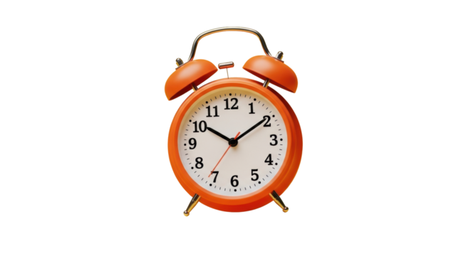 Vibrant retro orange metal alarm clock, twin bells, white face, hands at twelve, levitating on yellow-orange background with copy space, high-key lighting, Concept of urgency and time management