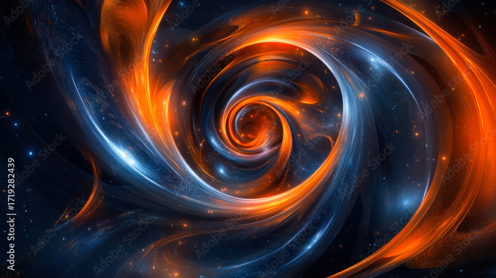 Poster swirling orange and blue cosmic vortex with luminous patterns in a deep space background