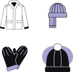 Set of winter clothing icons on white background fashion cold weather